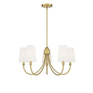 Cameron 29 in. W x 13 in. H 5-Light Warm Brass Chandelier with Curved Arms and White Fabric Shades