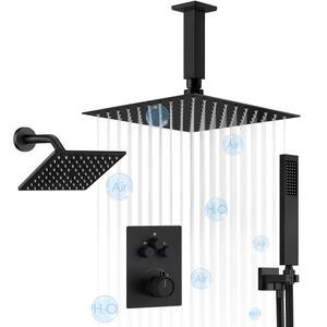 Luxury 3-Spray Patterns Thermostatic 12 in. Ceiling Mount Rainfall Shower Faucet System Dual Shower Heads in Matte Black