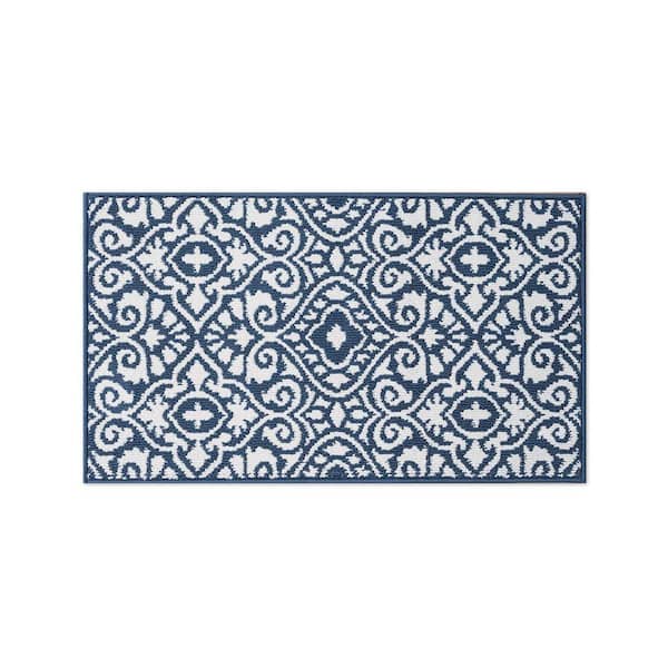 Washable Skid-Resistant Dusty Navy/Ivory 2 ft. x 4 ft. All Loop Tufted Area Rug