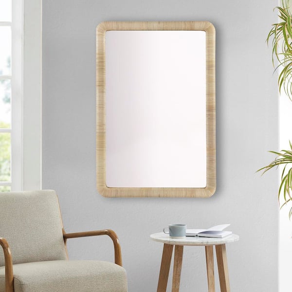 Natural 26 in. W x 39 in. H Rattan Rectangle Framed Wood Wall Mirror