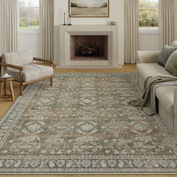 Boston Brown 8 ft. x 10 ft. Distressed Vintage Floral Area Rug