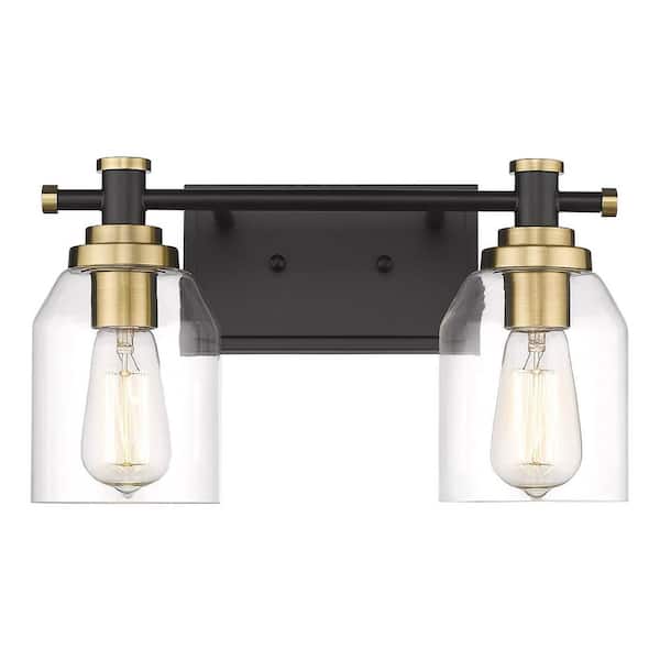 JAZAVA 15 in. 2-Light Black Vanity Light with Clear Glass Shade