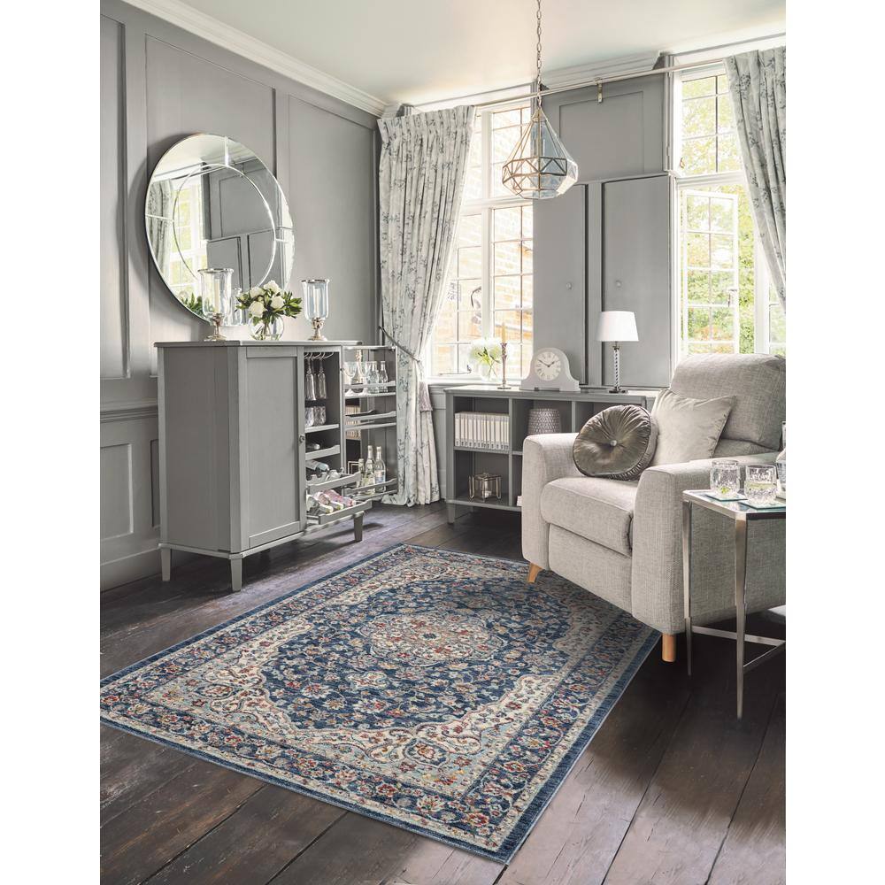 Navy and Cream Rectangular Chenille Medallion Area Rug