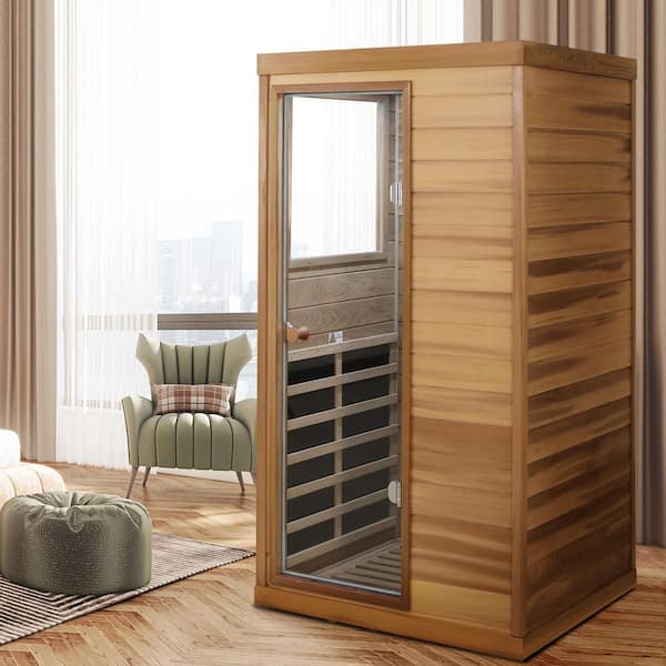 1-Person Red Cedar Far Infrared Indoor Sauna with Bluetooth Audio, LED Light, and LCD Touch Control (Left Door Opening)