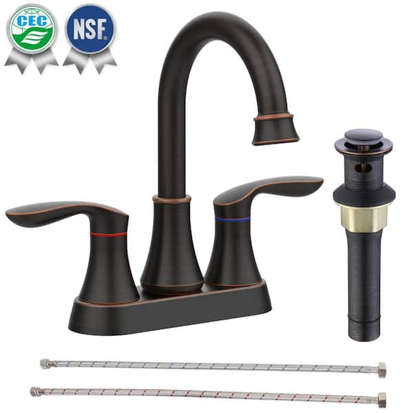 waterpar 4 in. Centerset Double-Handle High Arc Bathroom Faucet with Drain Kit Included and Pop-up Drain in Oil Rubbed Bronze
