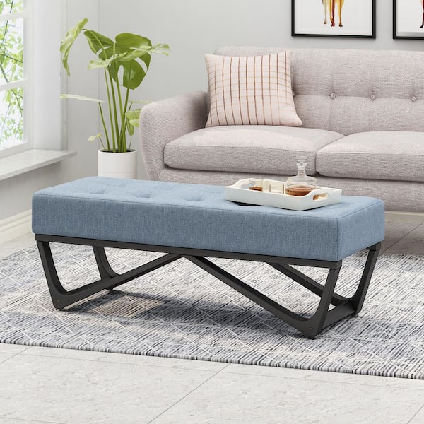 Emily Contemporary Fabric Ottoman Bench Light Blue Black