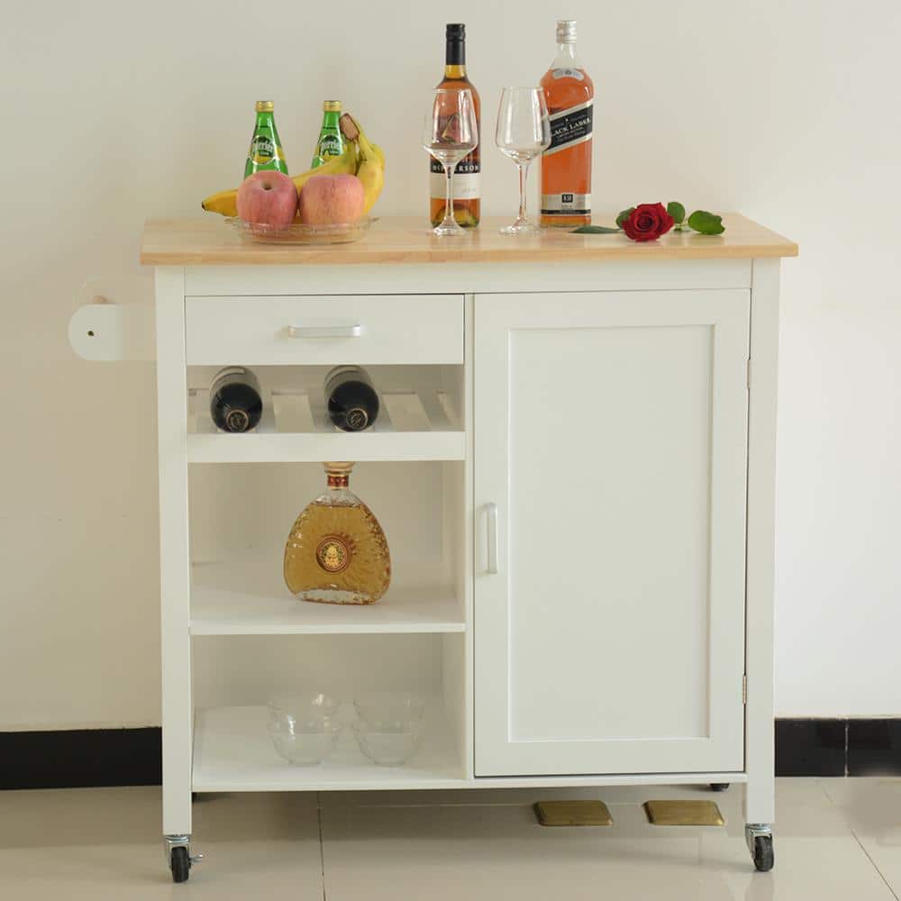 White Wood 40 in. Rolling Kitchen Island Cart with Drawer, Kitchen Cart on 