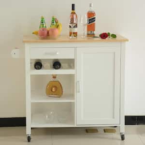White Wood 40 in. Rolling Kitchen Island Cart with Drawer, Kitchen Cart on Wheels Open Shelves, Wine and Towel Rack
