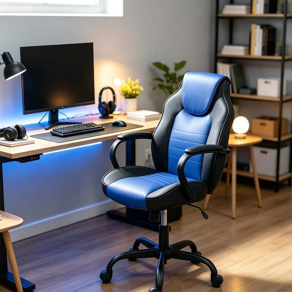 Gaming OfficeChair Blue and Black FauxLeather 1-Piece Chairs Casters Plush PaddedChair w/Arms Comfortable Modern Stylish