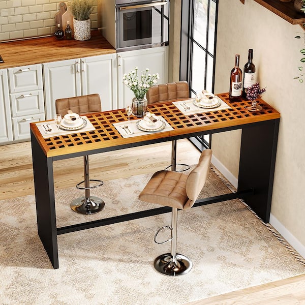 TRIBESIGNS WAY TO ORIGIN Halseey 70.87 in. Black Brown Rectangle Counter Height Pedestal Bar Wood Stool Dining Bar Table Footrest 4 Placemats
