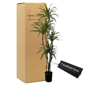 Handmade 7 ft. Artificial Yucca Tree in Home Basics Plastic Pot Made with Real Wood and Moss Accents