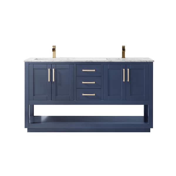 Altair Remi 60 in. Bath Vanity in Royal Blue with Carrara Marble Vanity Top in White with White Basins