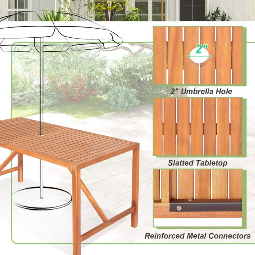 Acacia Wood Rectangular Patio Dining Table with Umbrella Hole