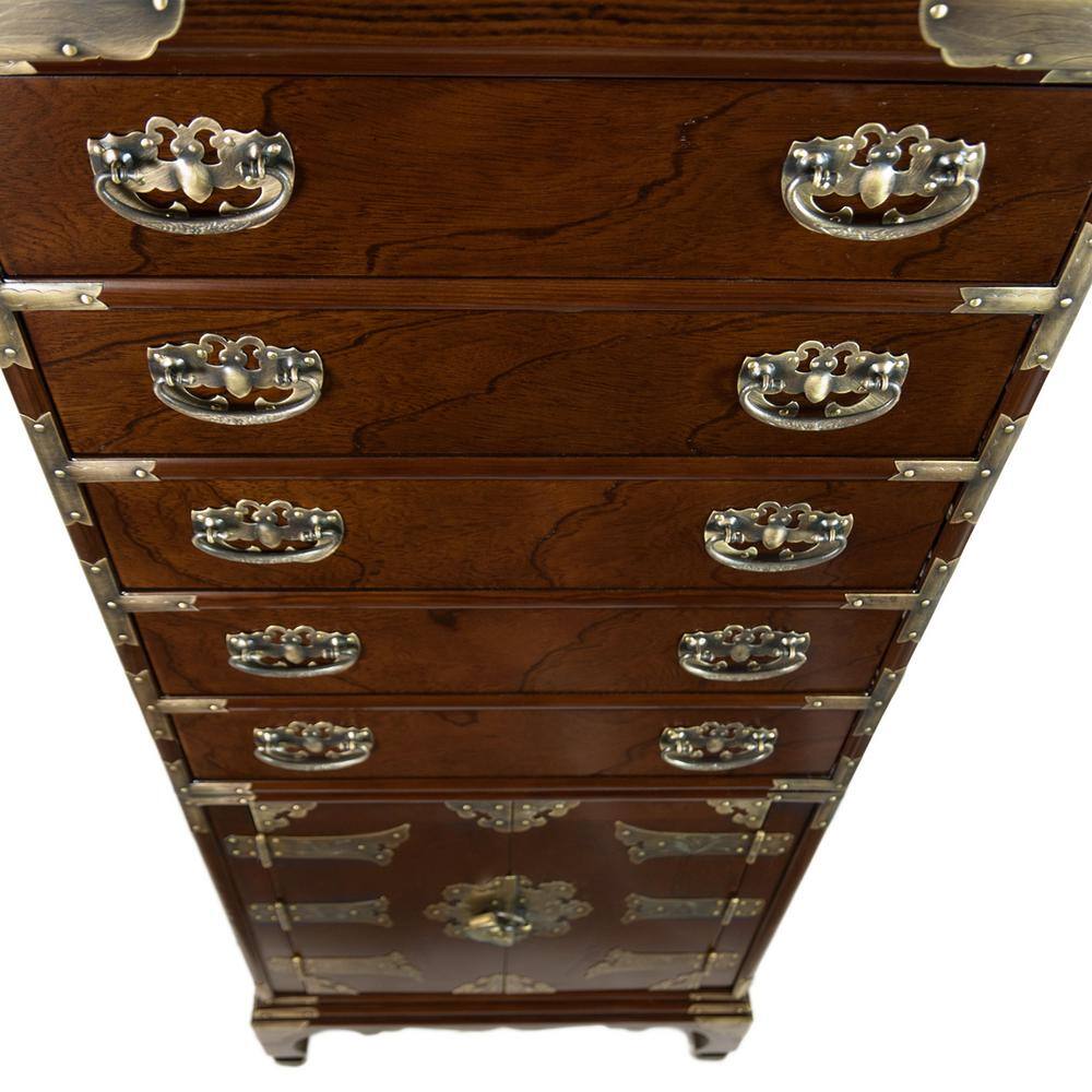 Dark Brown Elm Wood Antique Style Chest with Brass Fittings