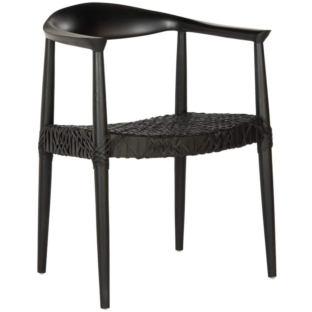Mid-Century Modern Black Leather Teak Wood Accent Chair
