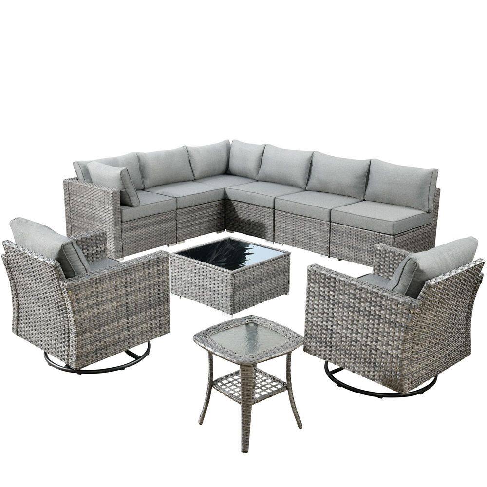 Mirada Gray 10-Piece Wicker Outdoor Patio Sectional Furniture Set with Swivel Chairs and Dark Gray Cushions price history on PriceWatchPro