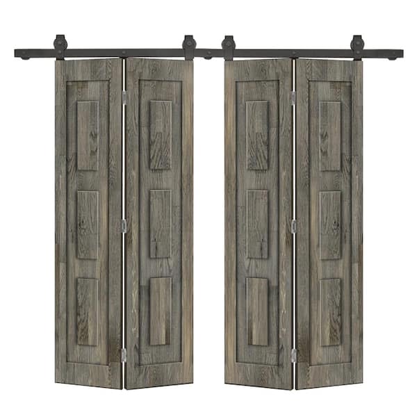CALHOME 48 in. x 80 in. 3-Panel Shaker Hollow Core Weather Gray Pine Wood Double Bi-fold Door with Barn Door Hardware Kit
