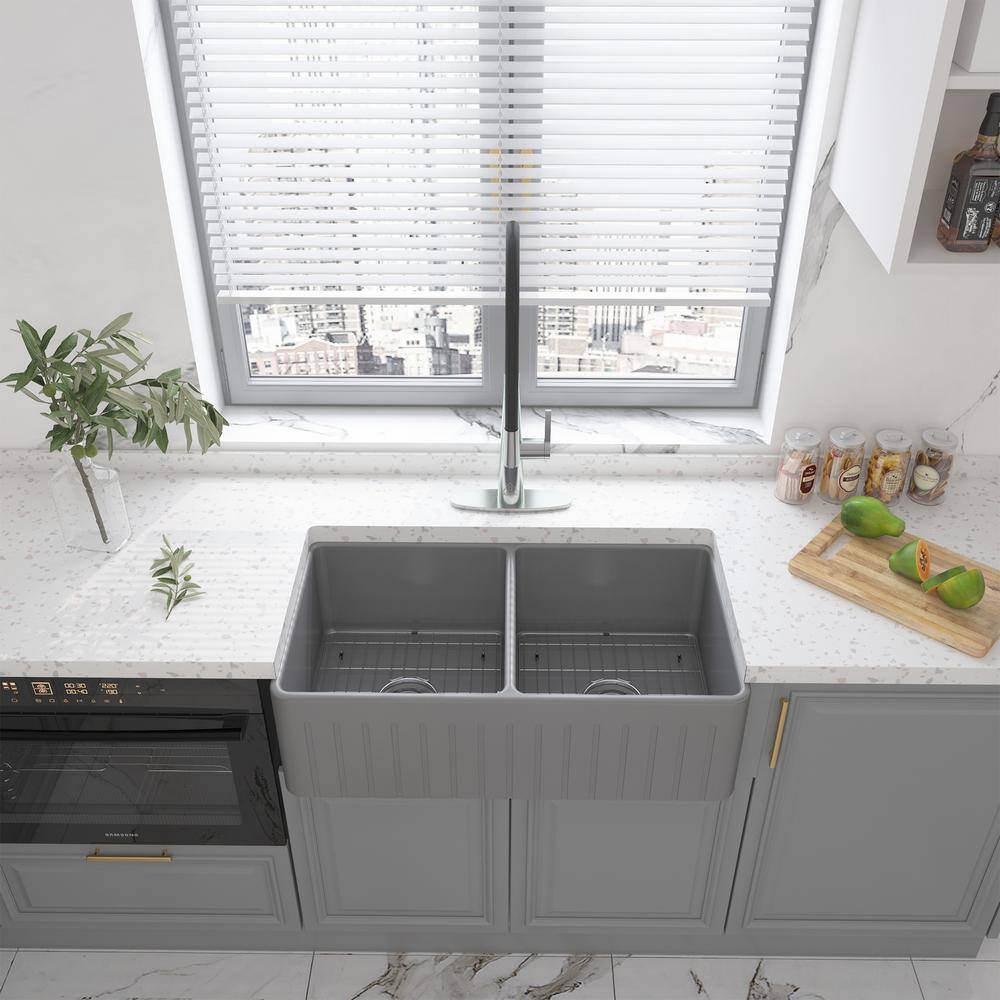 33" L x 18" W Double Bowl Fireclay Farmhouse Kitchen Sink with Sink Grid