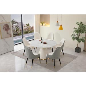 White and Gold Sintered Stone 53 in. Modern Round Stainless Steel Pedestal Base Dining Table Seats-6