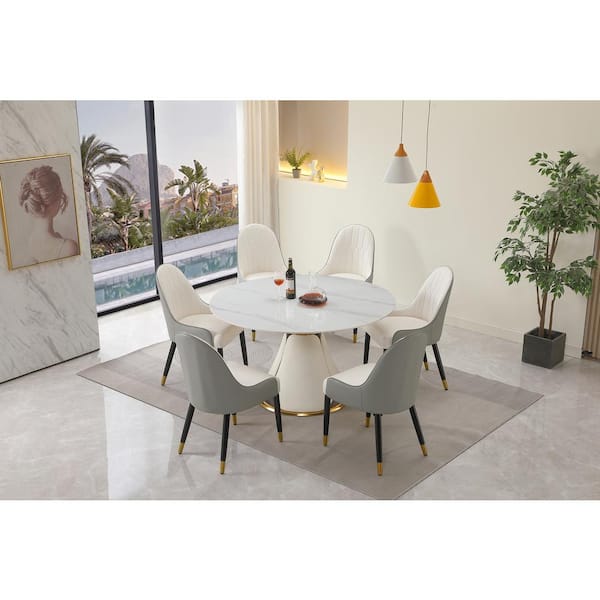 FORCLOVER White and Gold Sintered Stone 53 in. Modern Round Stainless Steel Pedestal Base Dining Table Seats-6
