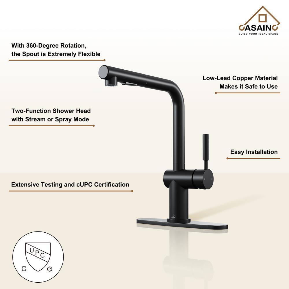 Matte Black Single-Handle Pull-Out Kitchen Faucet with Deck Plate