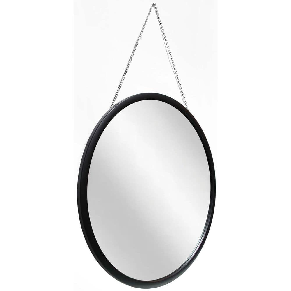 17.5" Round Black Wall Mirror with Silver Chain