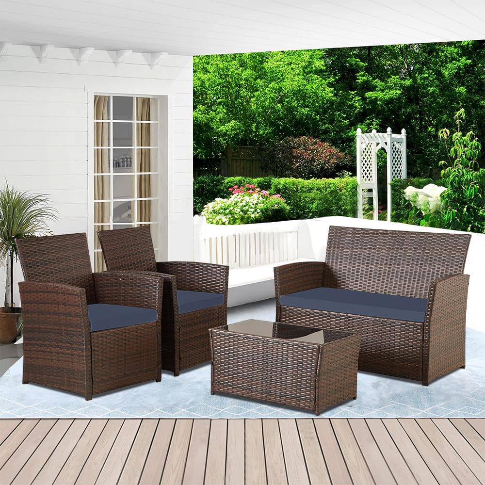 Sudzendf Brown 4-Piece Wicker Outdoor Patio Conversation Set with Blue ...