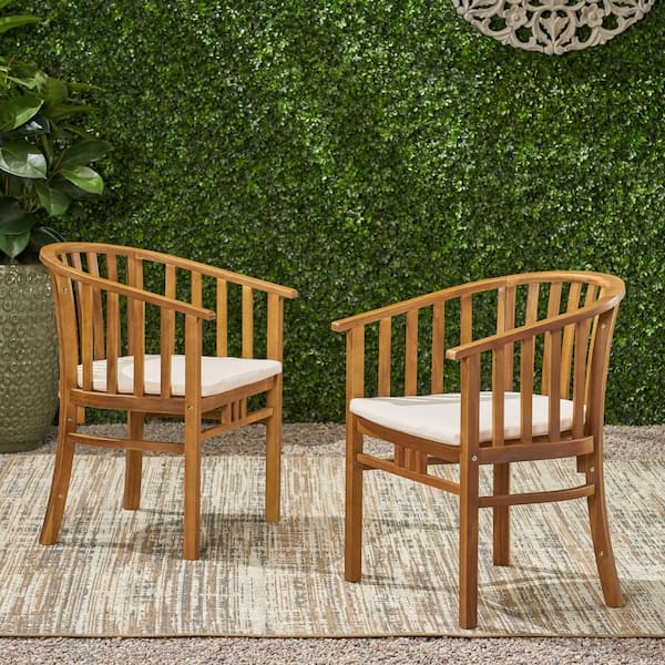 Harper & Bright Designs Teak Finish 100% Solid Wood Outdoor Dining Chair Armchair with Beige Cushions (2-Pack)