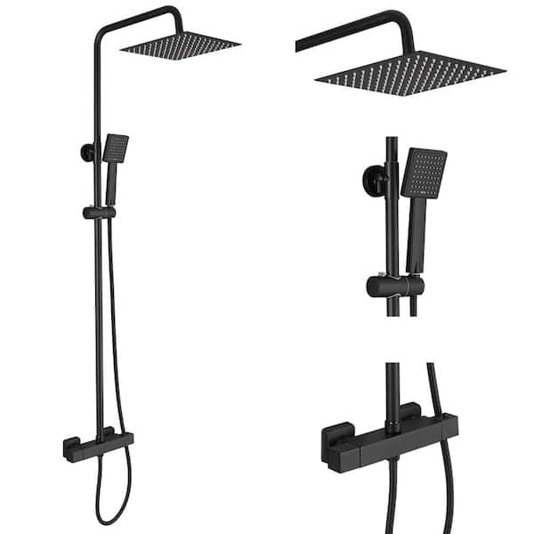 Double Handles 2-Spray Shower Faucet Rectangular Rain Shower Head 1.8 GPM with High Pressure Slide Bar in. Matte Black