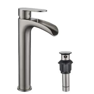 High Arc Single Hole Single Handle Stainless Steel Waterfall Bathroom Vessel Sink Faucet with Drain in Brushed Nickel