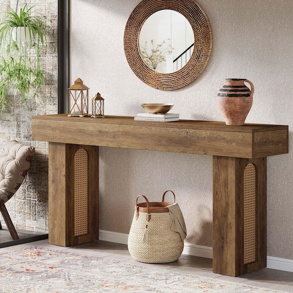 BYBLIGHT Turrella 63 in. Rectangle Brown Wood Rectangle Behind Sofa ...