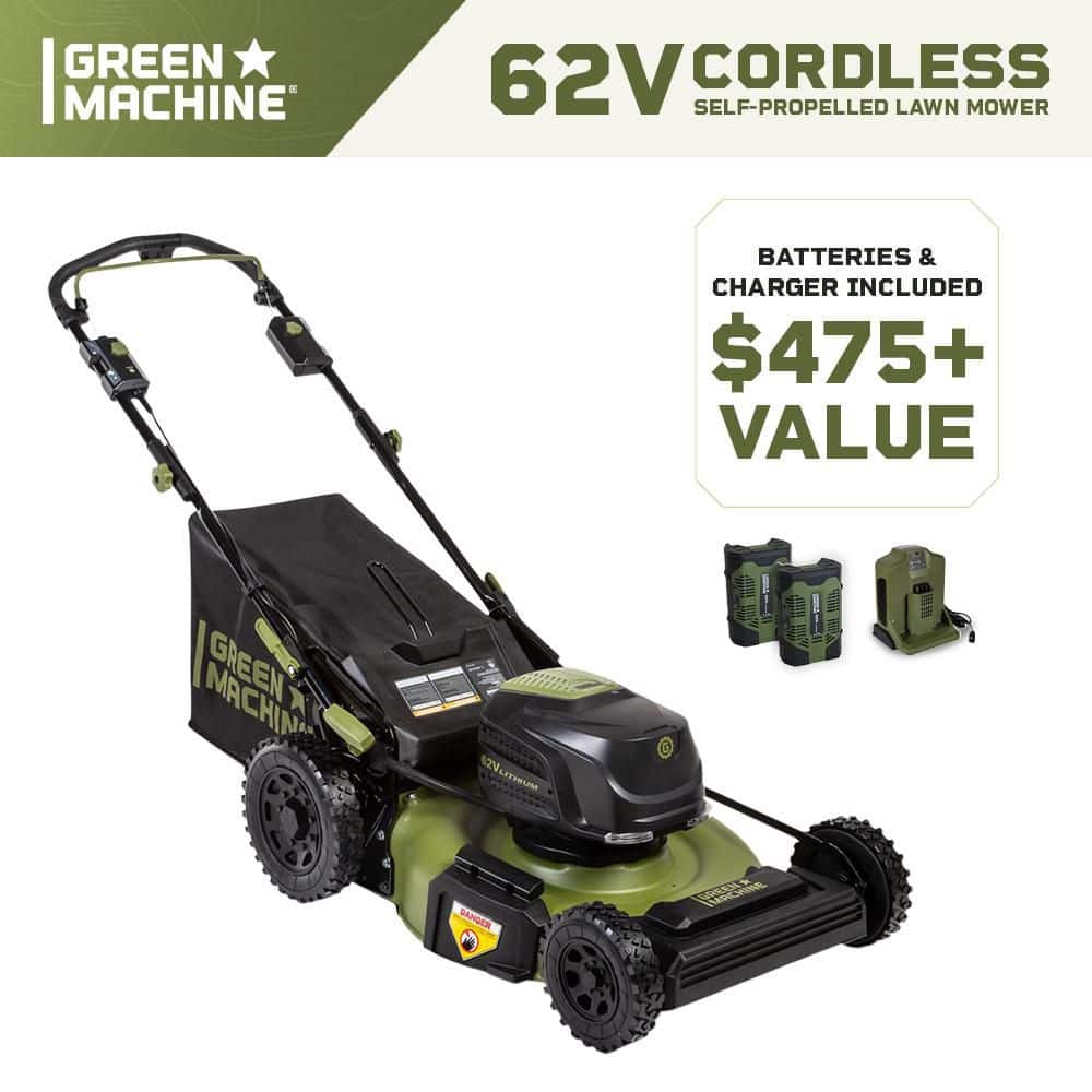 Green Machine 62V Brushless 22 in. Electric Cordless Battery Self- Propelled Lawn Mower with 2 4.0 Ah Batteries and Charger