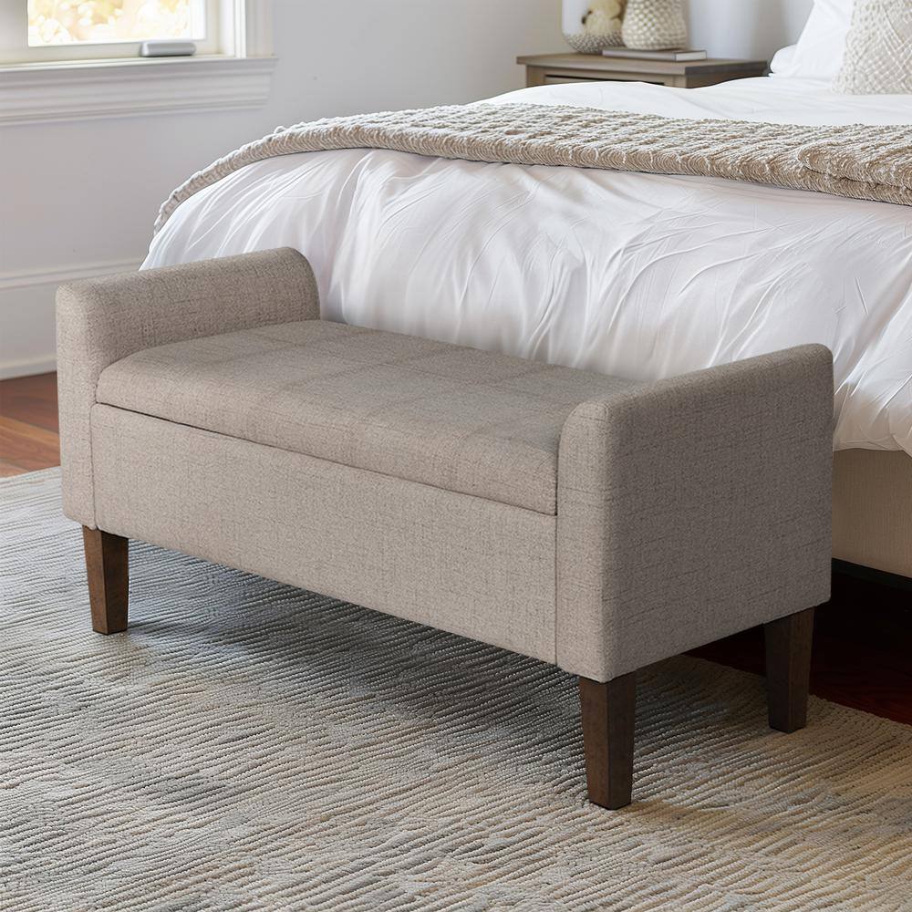 Light Taupe Upholstered Flip-Top Storage Bench with Wood Legs