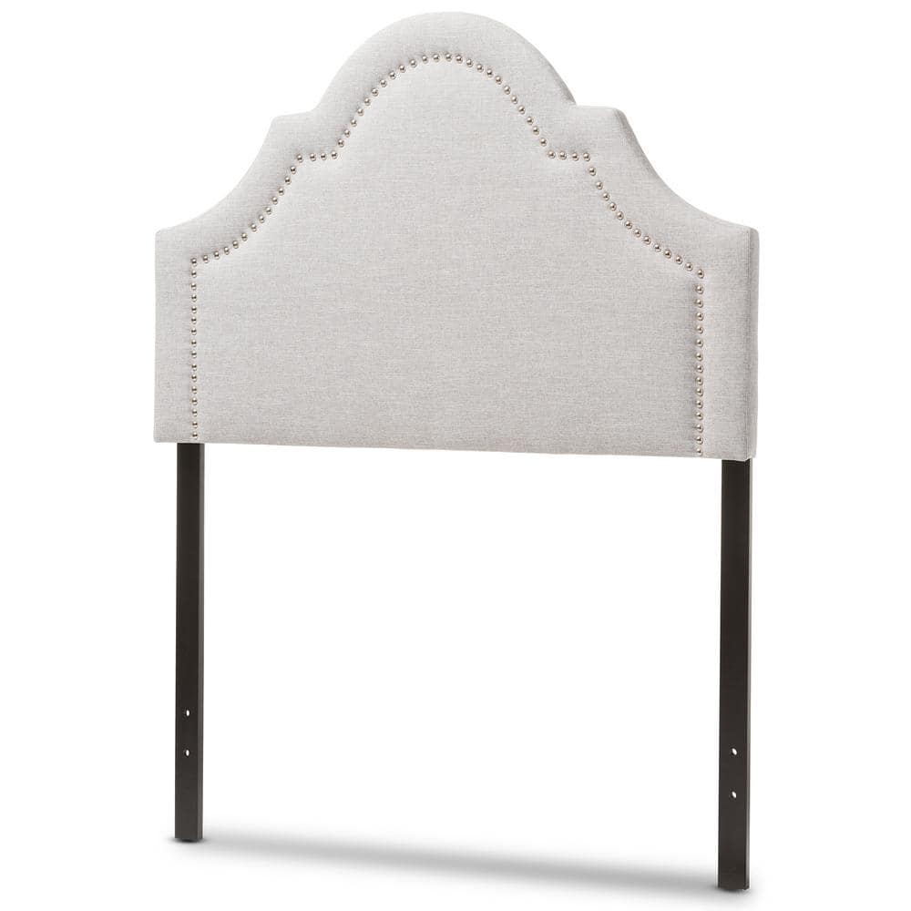 Grayish Beige Upholstered Queen Headboard with Silver Nail Trim