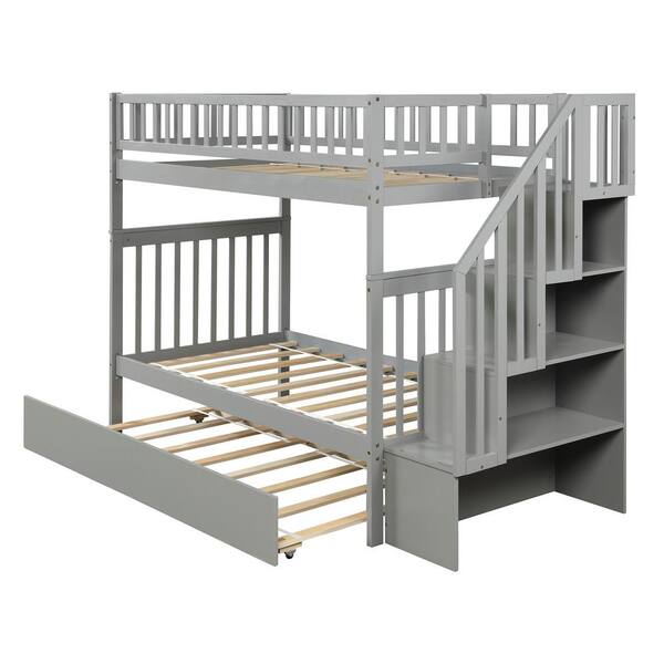 Qualfurn Lightsey Gray Twin Over, Queen Size Bunk Bed With Trundle