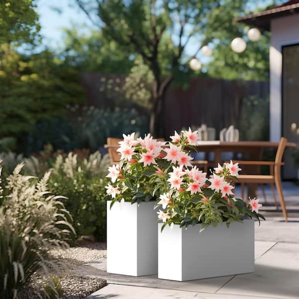 Sapcrete Modern 12 in., 16.5 in. H Large Tall Crisp White Concrete Elongated Square Outdoor Planter Plant Pots (Set of 2)
