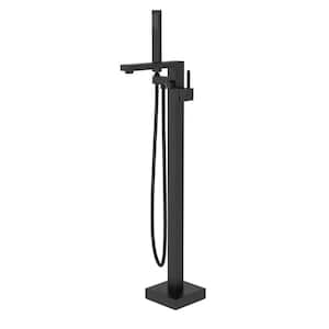 Single-Handle Freestanding Tub Faucet Floor Mount Tub Filler with Hand Shower and Swivel Spout in Matte Black