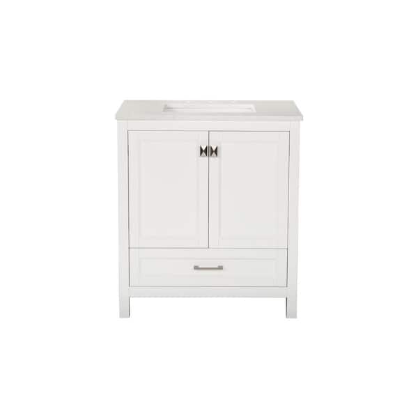 VANITYFUS Solid Wood 29.92 in. W. x 19.09 in. D x 34 in. H Single Sink Bath Vanity in White with Carrara White Natural Marble Top