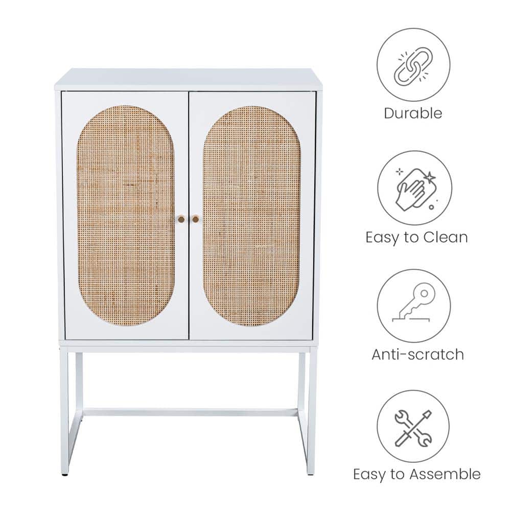 YOFE White Finish Rattan Decor MDF Home Office 2-Door Large Accent Storage Cabinet with Adjustable Shelf and Metal Frame -  BellaGI4287501