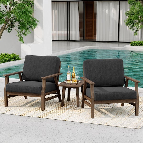 Teak Finish Outdoor Patio Lounge Chairs with Dark Gray Cushion (2-Pack)