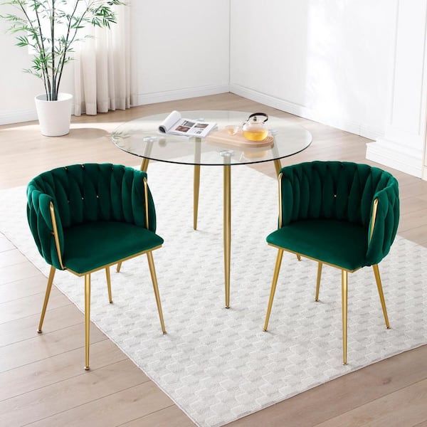 Modern Velvet Dining Chairs, Green Dining Upholstered Woven Dining Chair with Golden Metal Legs, Dining Chairs Set of 2