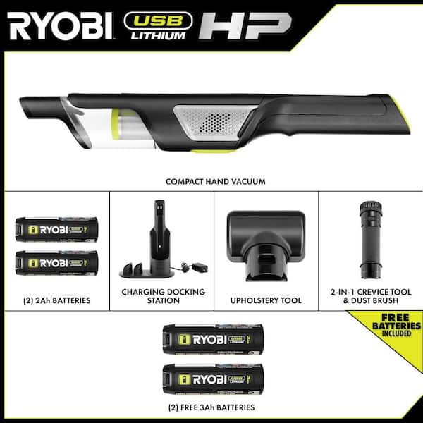 USB Lithium HP Compact Handheld Vacuum Cleaner Kit with (2) USB Lithium 2.0 Ah Batteries and (1) 3.0 Ah Battery