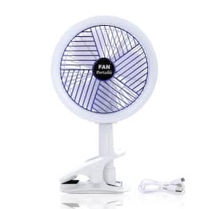 7 in. 4-Speed 360° Rotating Clip on Fan with LED Lamp;  Rechargeable Portable Desk Fan in White with Detachable Clamp