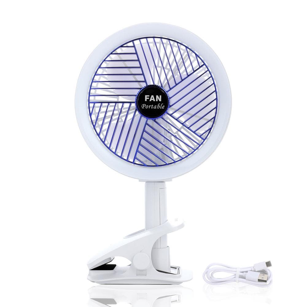 7 in. 4-Speed 360° Rotating Clip on Fan with LED Lamp;  Rechargeable Porta