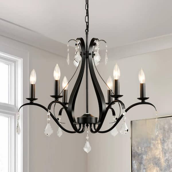 Magic Home 6-Light Classic Crystal Chandelier Ceiling Light in Black for Foyer, Living Room, Kitchen Island, Dining Room, Bedroom