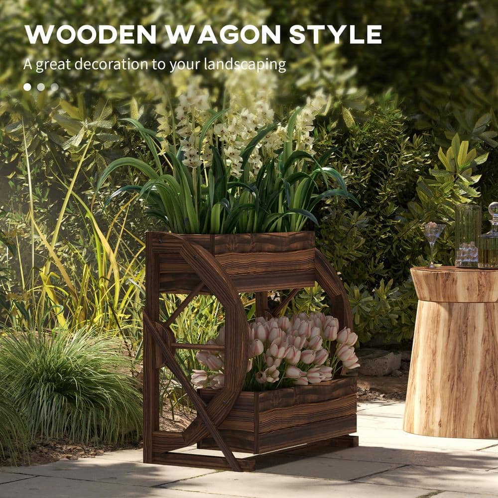 Rustic Dark Brown Wooden Wagon Wheel Planter Box