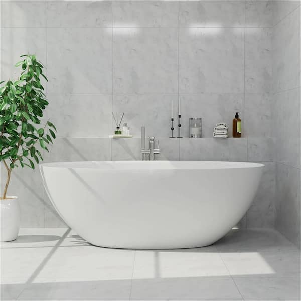 61 in. x 28.74 in. Soaking Freestanding Solid Surface Resin Stone Rectangular Bathtub with Center Drain in Matte White