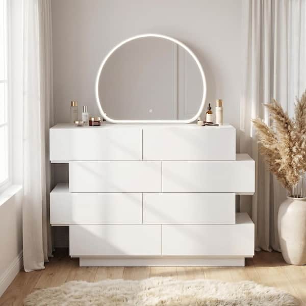 Kingdely Cream 8 Drawer 50.1 in. Wide Dresser with Mirror, 3-Color LED Lighting, Wide Top Surface and Staggered Design Z-260131-01+8