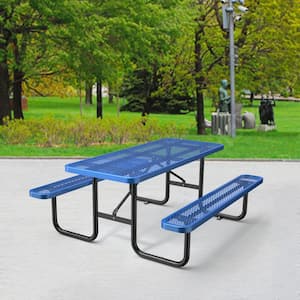 72 in. Blue Rectangular Industrial-Strength Steel Picnic Table Seats 8 People