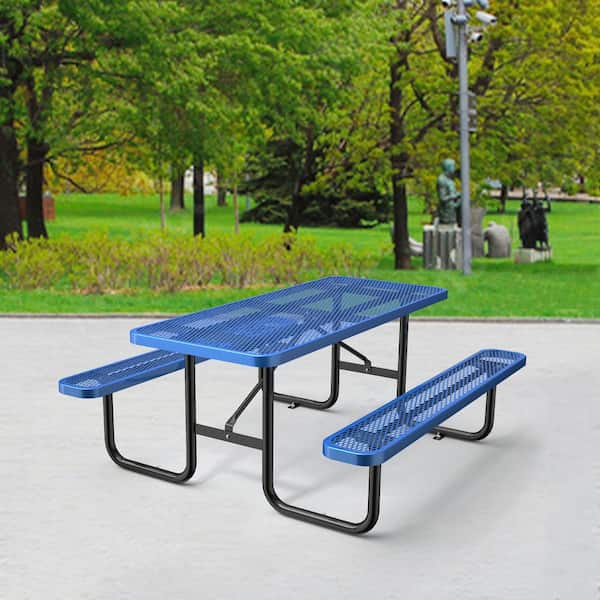 Abruzzo 72 in. Blue Rectangular Industrial-Strength Steel Picnic Table Seats 8 People